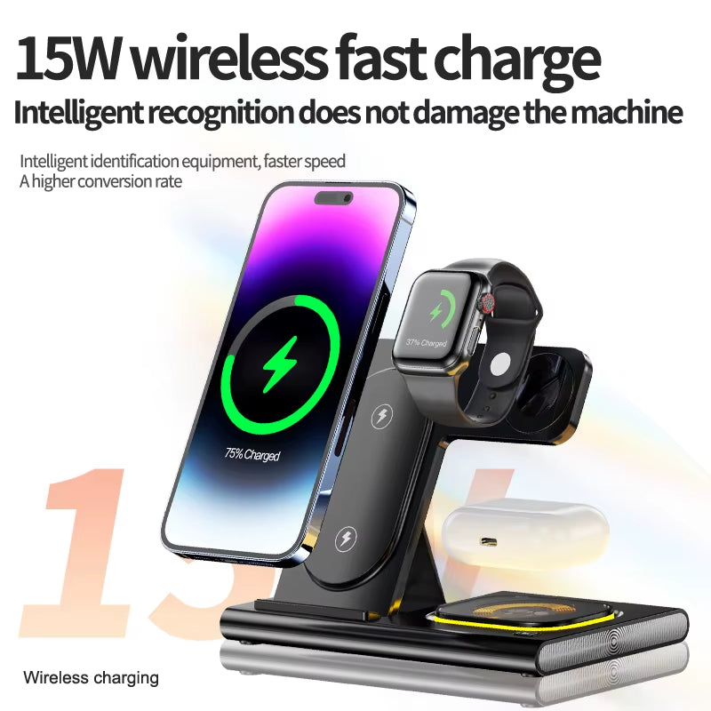 Newest Product Custom Logo 15W Led Lamp Light Fast Charging Wireless Charger for Smart Phone 3-In-1 Foldable Wireless Charger