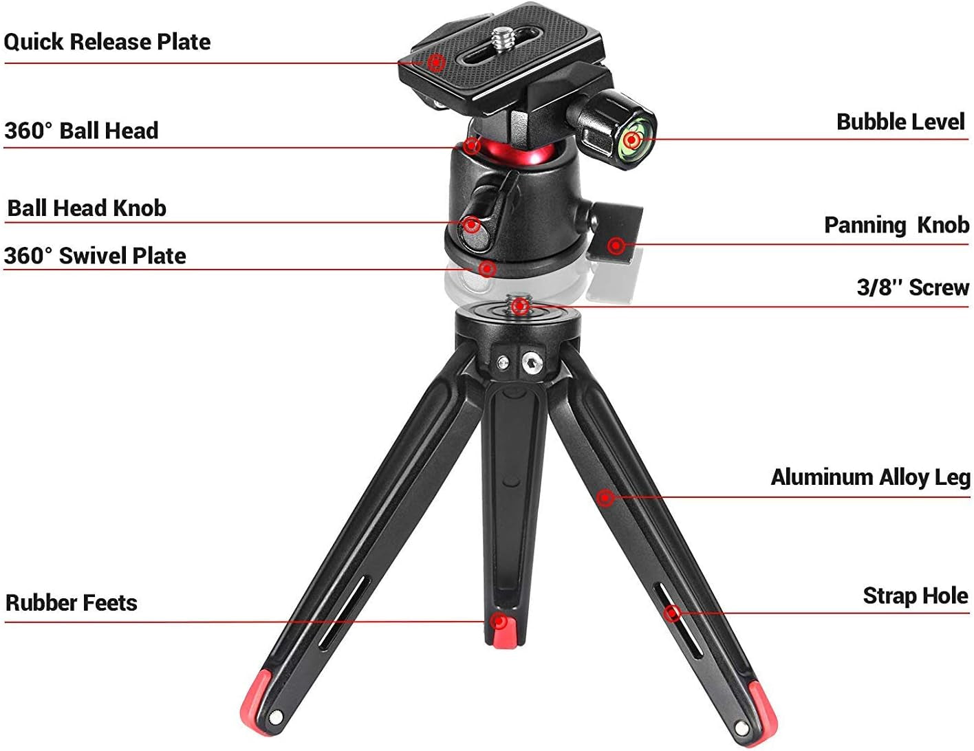 Tabletop Tripod, Mini Desktop Travel Tripod Aluminum Alloy with 360 Degree Ball Head and Quick Release Plate Lightweight and Portable for Compact Cameras Dslrs, Phone, Gopro(Black)- BUT2287