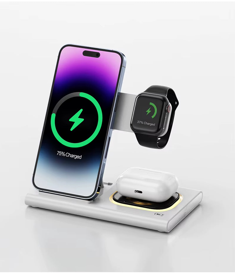 Newest Product Custom Logo 15W Led Lamp Light Fast Charging Wireless Charger for Smart Phone 3-In-1 Foldable Wireless Charger