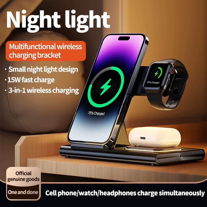 Newest Product Custom Logo 15W Led Lamp Light Fast Charging Wireless Charger for Smart Phone 3-In-1 Foldable Wireless Charger