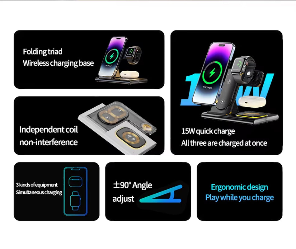 Newest Product Custom Logo 15W Led Lamp Light Fast Charging Wireless Charger for Smart Phone 3-In-1 Foldable Wireless Charger