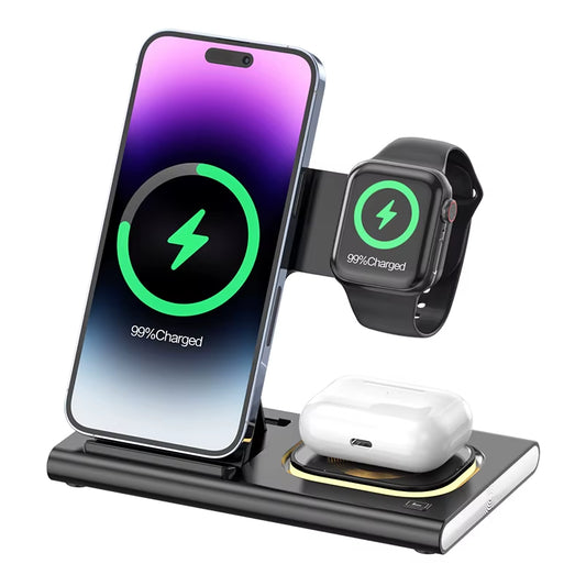 Newest Product Custom Logo 15W Led Lamp Light Fast Charging Wireless Charger for Smart Phone 3-In-1 Foldable Wireless Charger